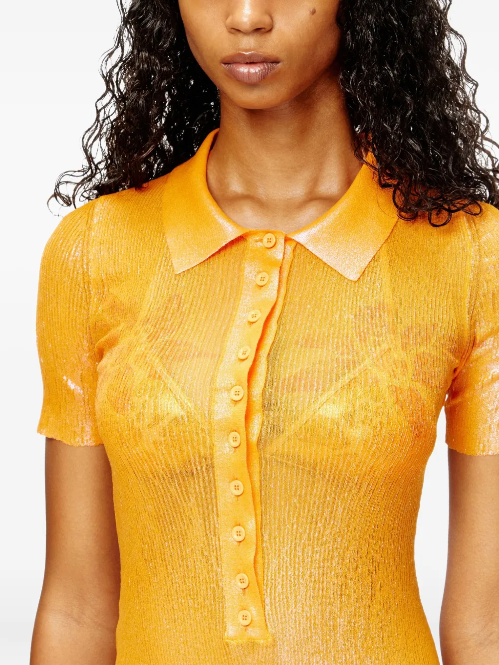 Diesel Iridescent Knit Polo Dress With Lotus Print In Orange