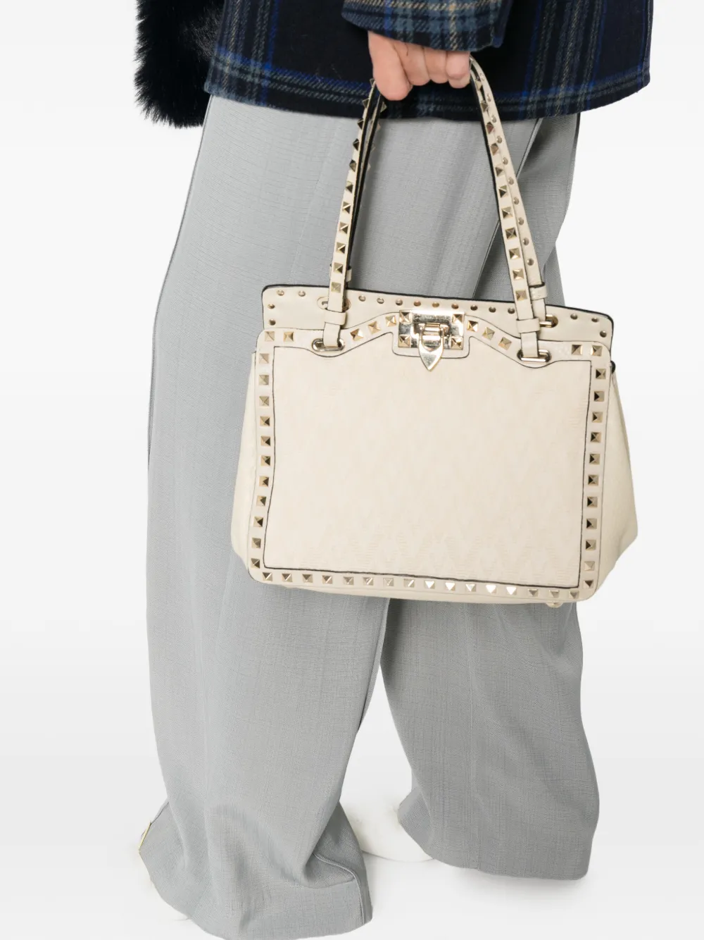Pre-owned Valentino Garavani 2020s Rockstud Studded Tote Bag In Neutral