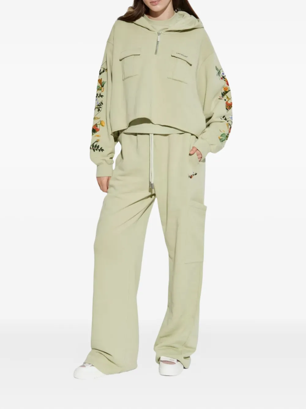 Off-White Hoodie met borstzak en geborduurde bloemen - Beige