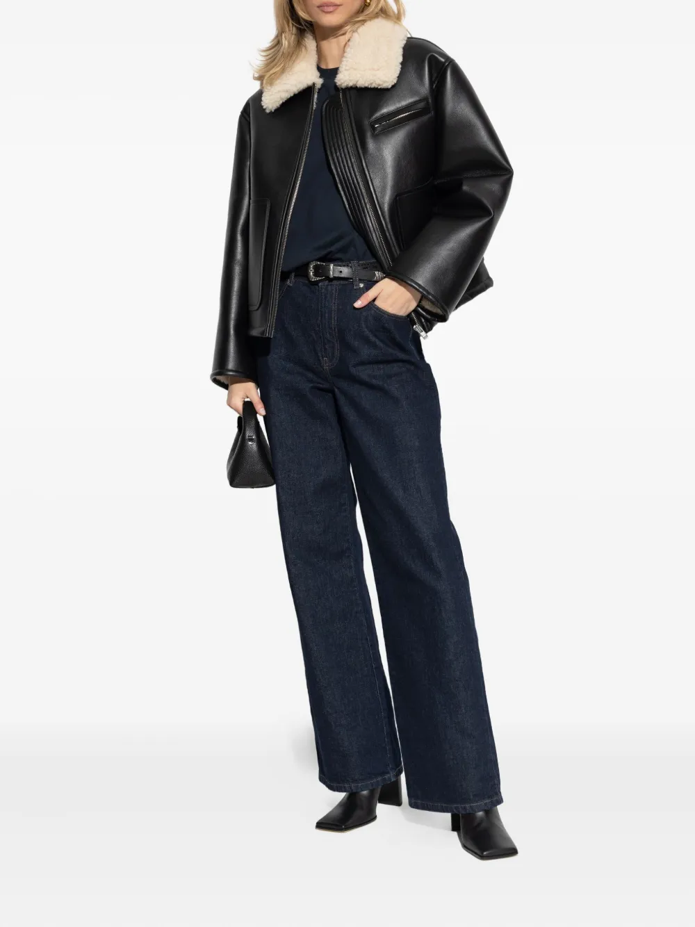 Stand Studio Kaz Shearling-collar Pocket Jacket In Black