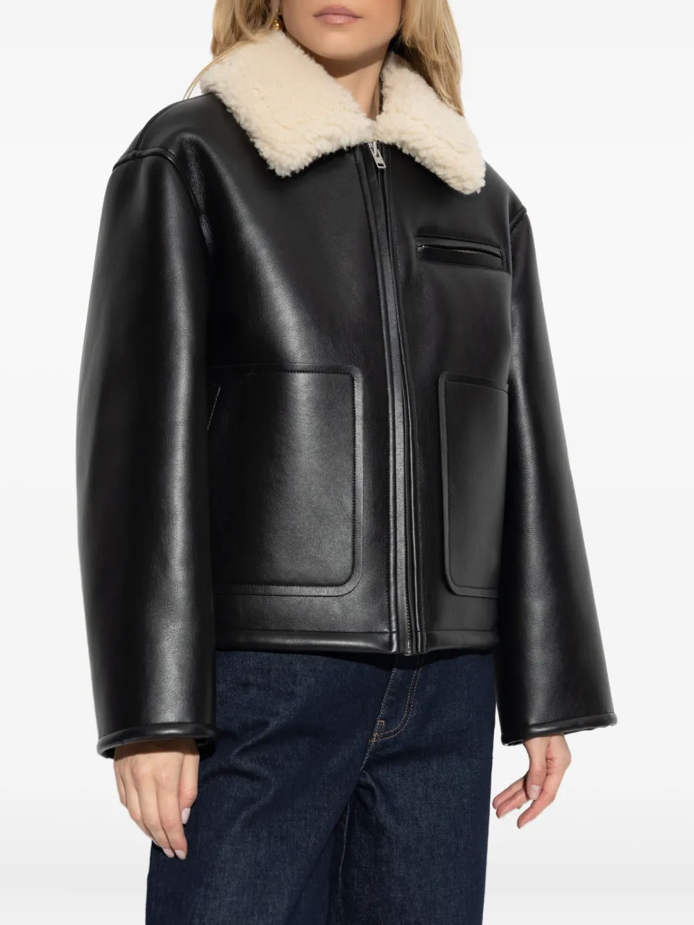 Stand Studio Kaz Shearling-collar Pocket Jacket In Black