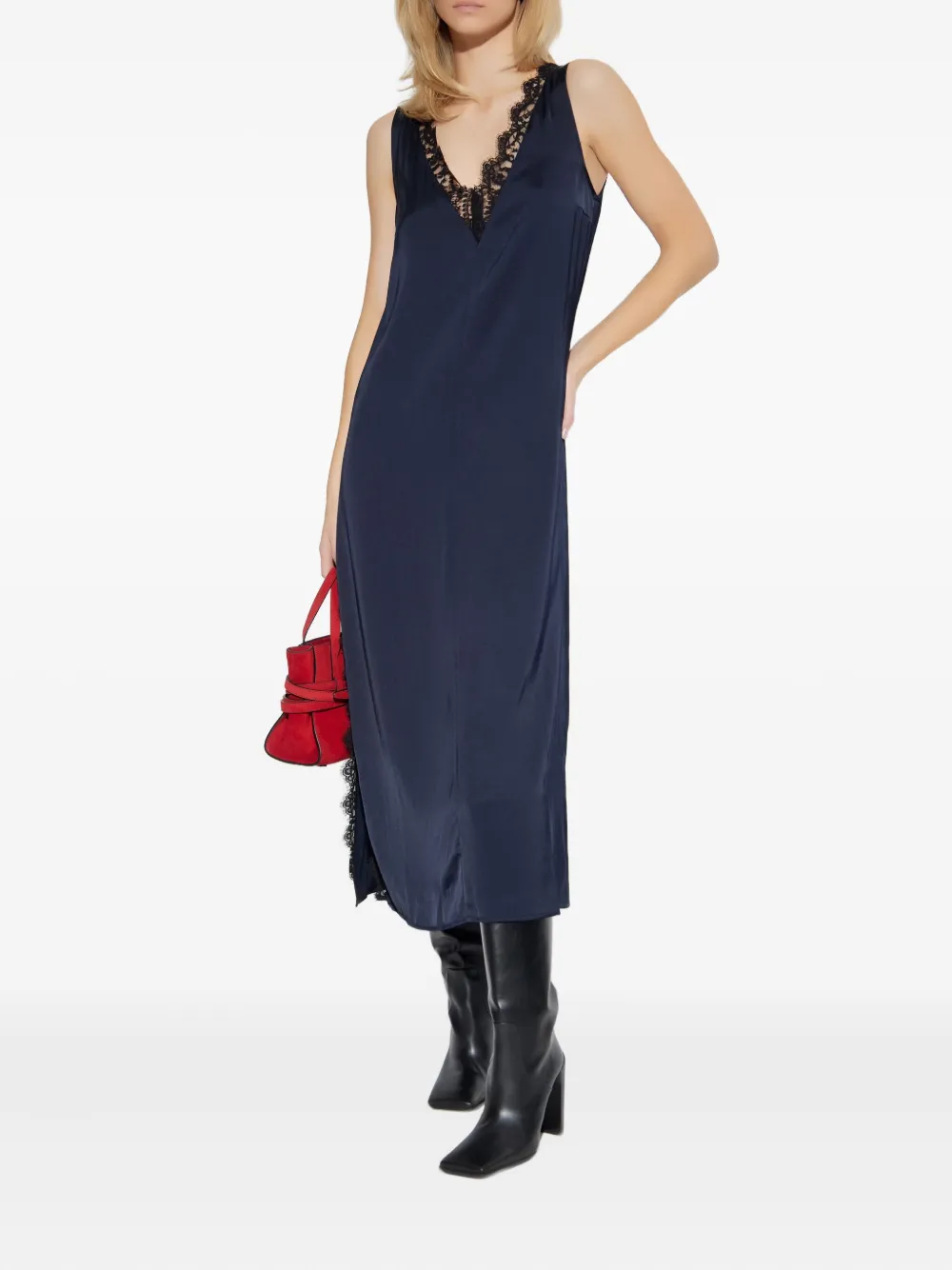 Officine Generale lace-trim V-neck midi dress - Blauw