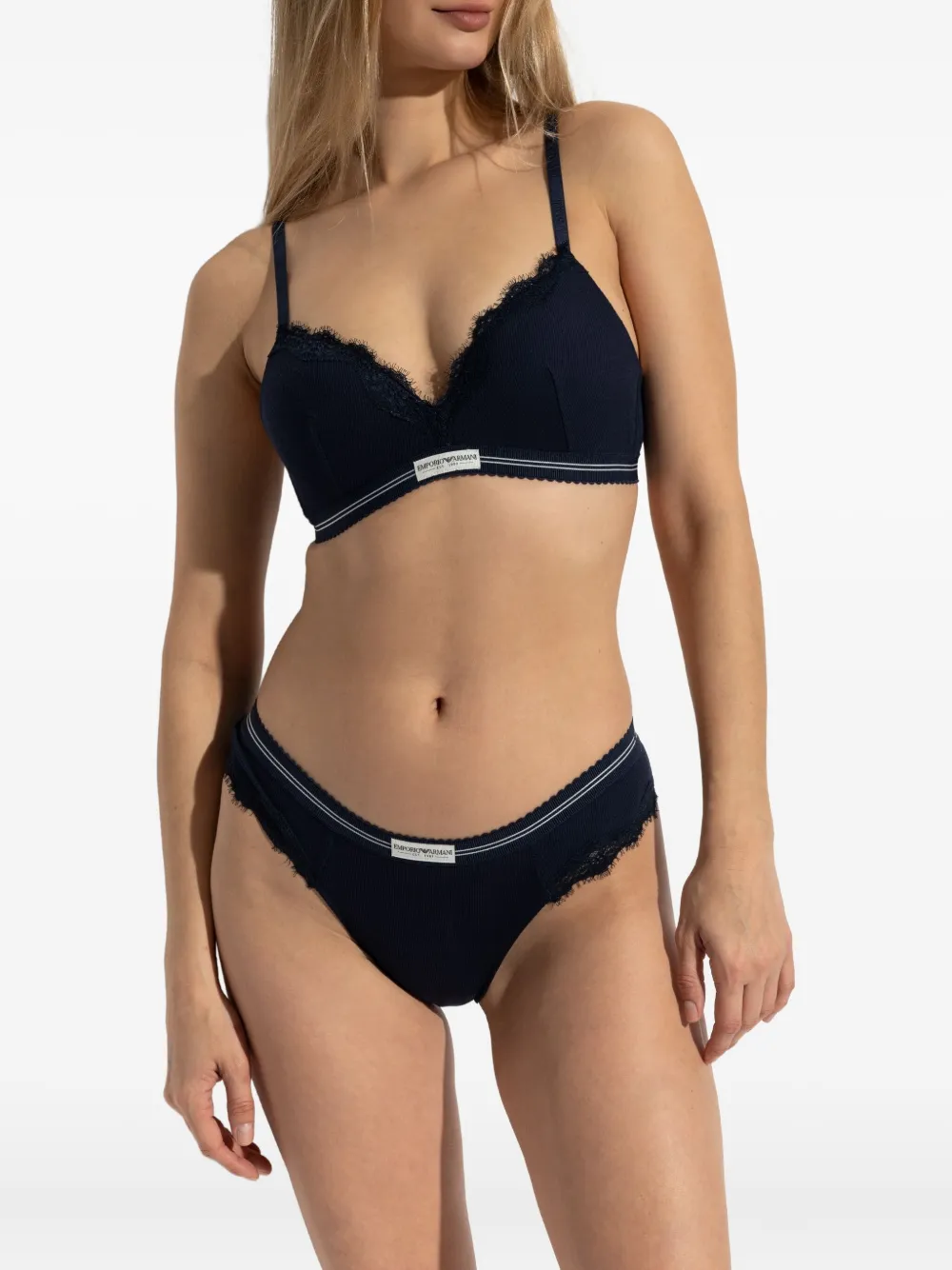 Emporio Armani Lace Ribbed Bra In Blue
