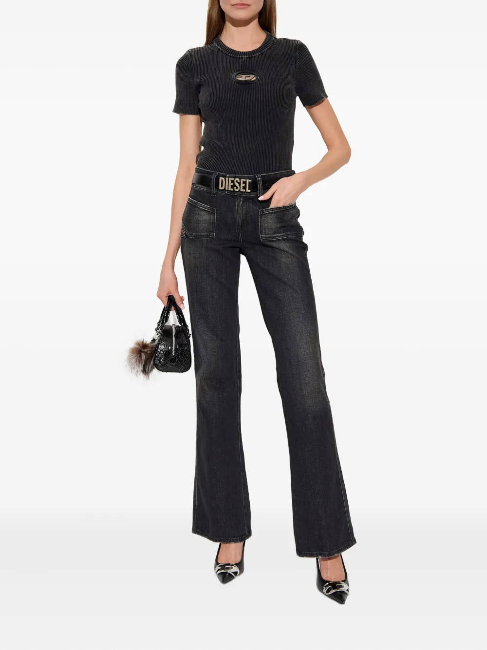 Diesel M-anchor-ss Ribbed Logo T-shirt In Black