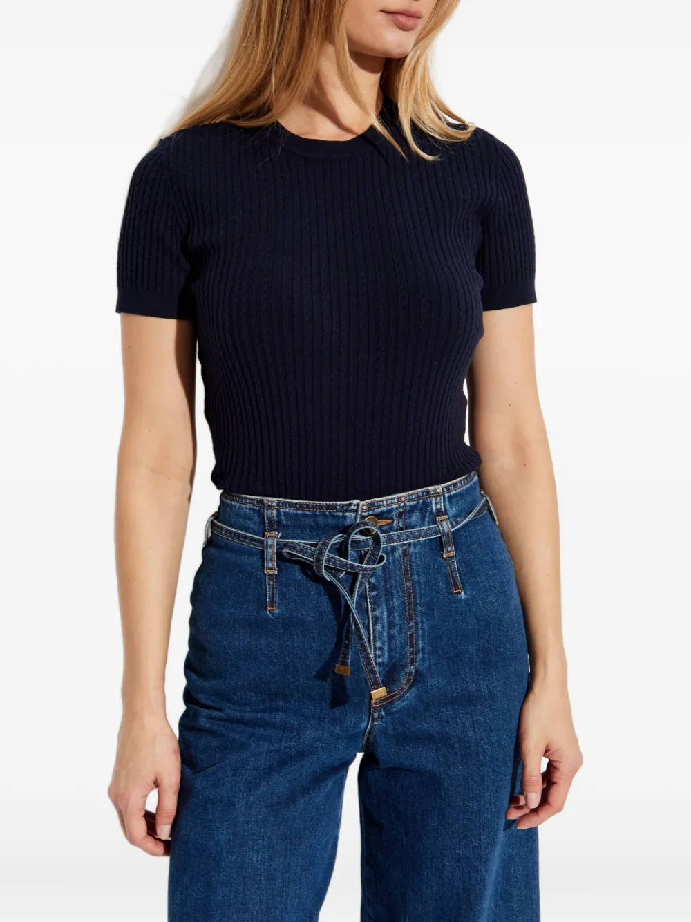 Frame Ribbed Short-sleeved Sweater In Blue