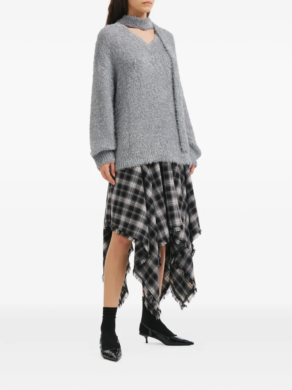 B+ab V-neck Attached-scarf Sweater In Gray