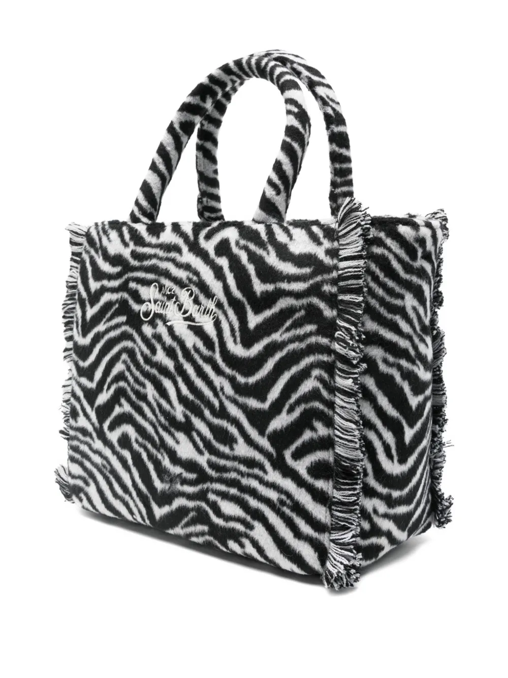 Mc2 Saint Barth Zebra Print Fringed Tote Bag In Black