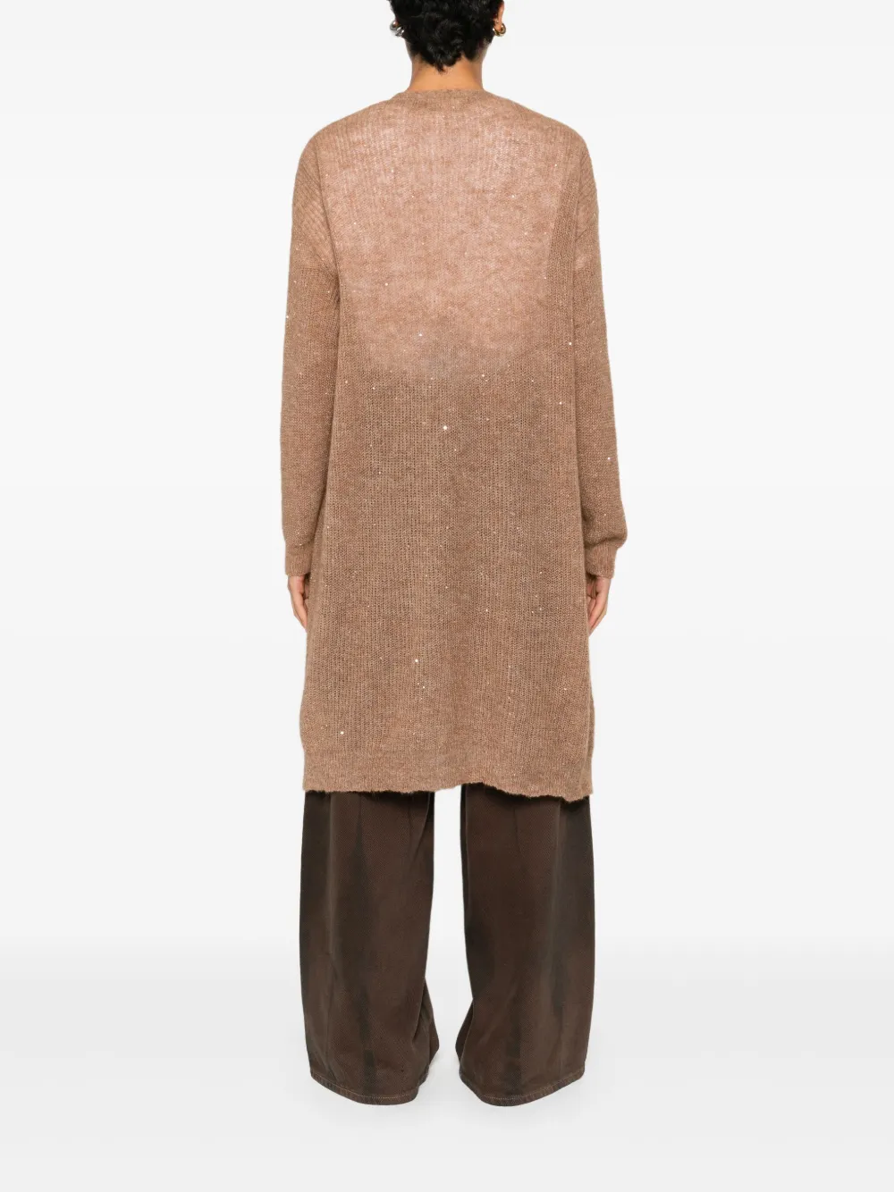 120% Lino Open-front Embellished Long Cardigan In Brown