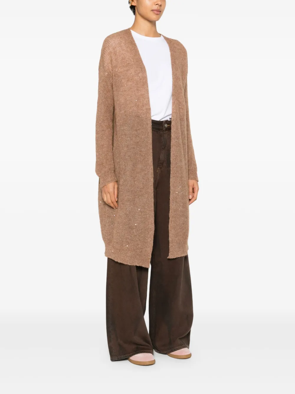 120% Lino Open-front Embellished Long Cardigan In Brown