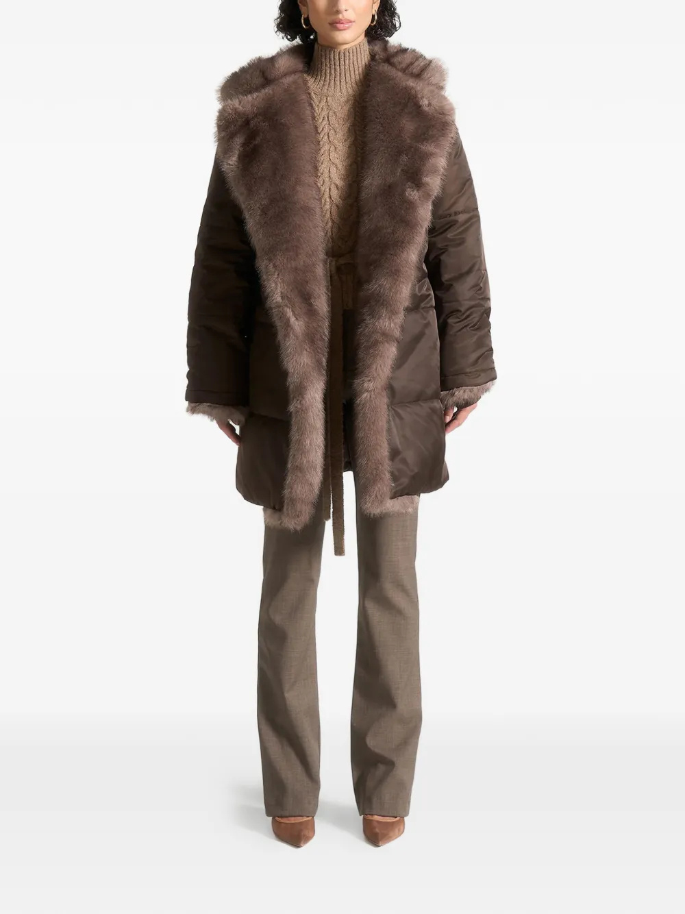 Manière De Voir Belted Faux-fur Coat In Brown
