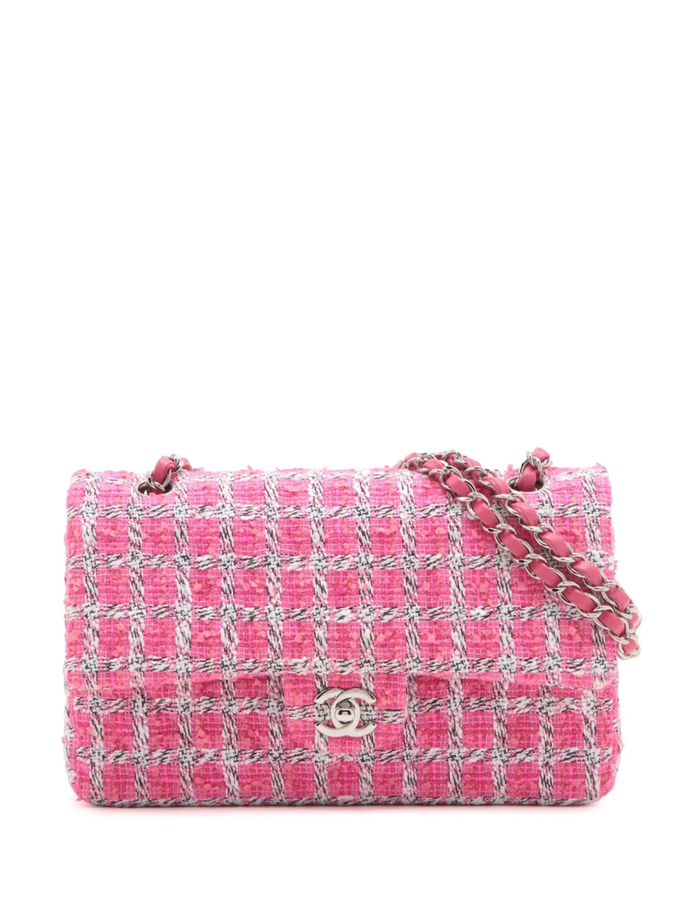 Pre-owned Chanel 2014 Medium Classic Tweed Double Flap Shoulder Bag In Pink
