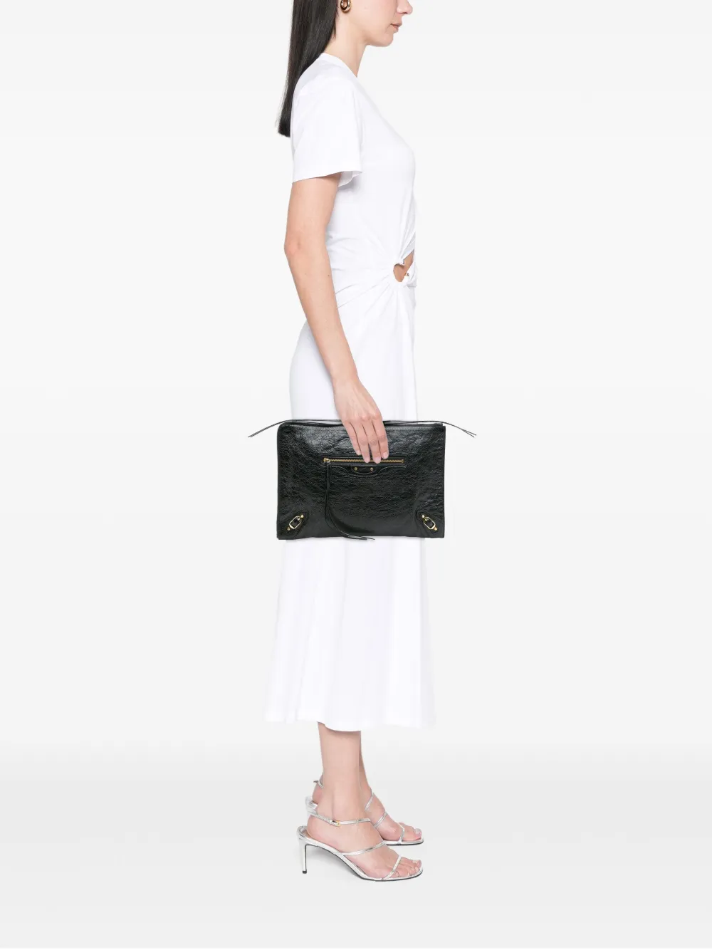 Pre-owned Balenciaga 2018 Lambskin Motocross Classic Zip Around Flat Clutch Bag In Black