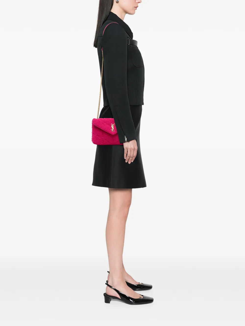 Pre-owned Saint Laurent 2021 Toy Boucle Tweed Loulou Puffer Crossbody Bag In Pink