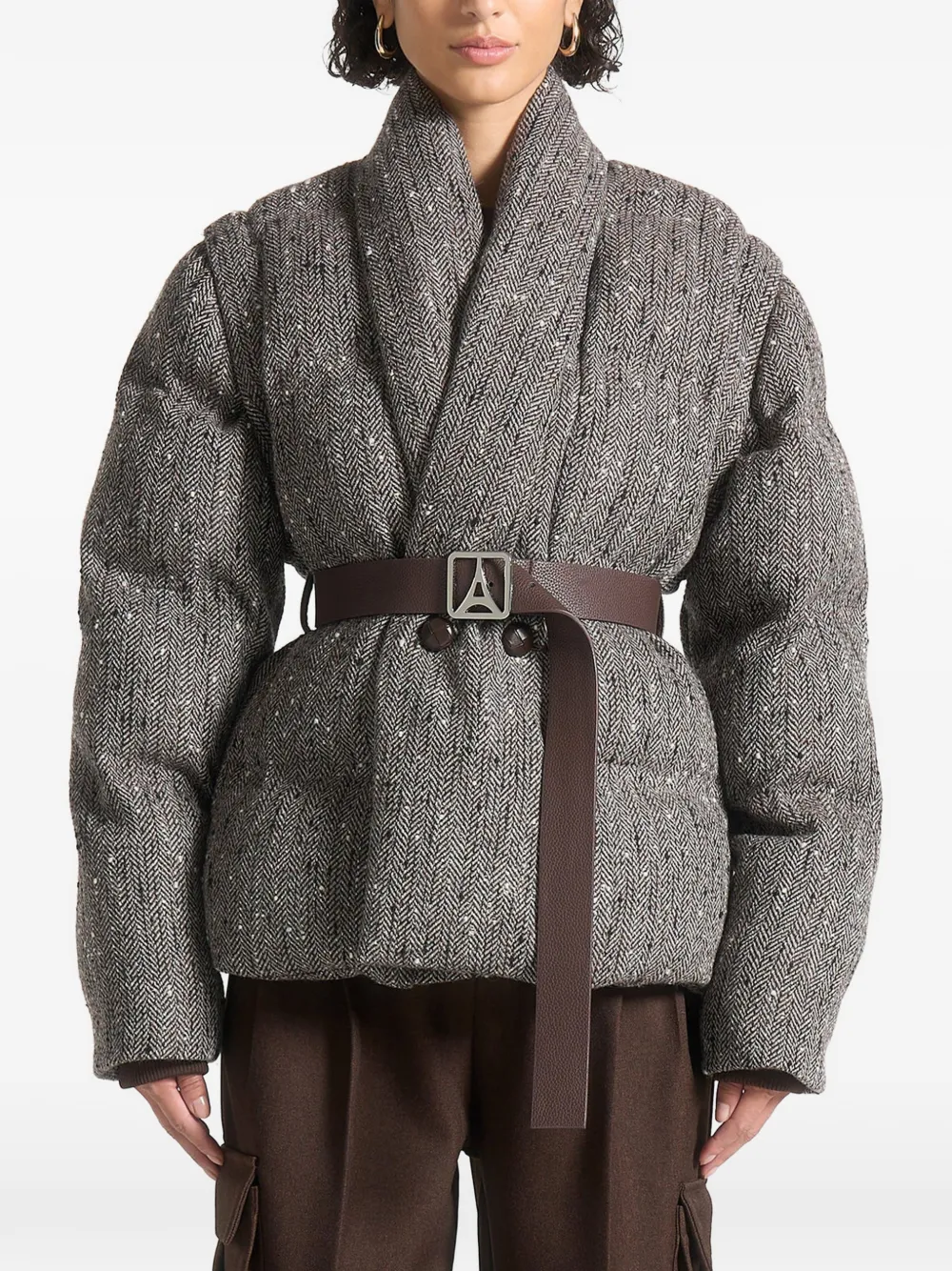 Manière De Voir Inez Herringbone Belted Puffer Jacket In Gray