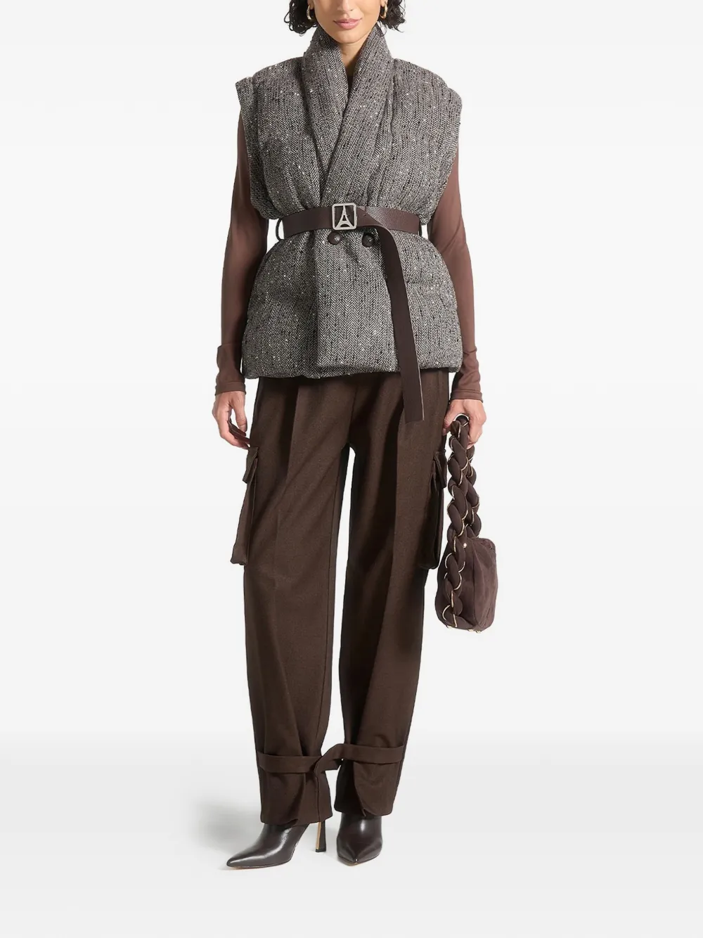 Manière De Voir Inez Herringbone Belted Puffer Jacket In Gray