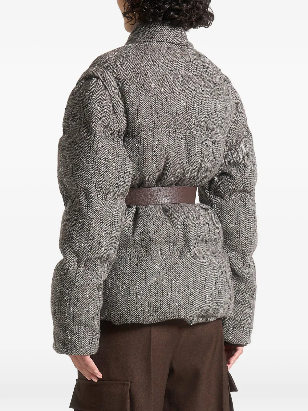 Manière De Voir Inez Herringbone Belted Puffer Jacket In Gray