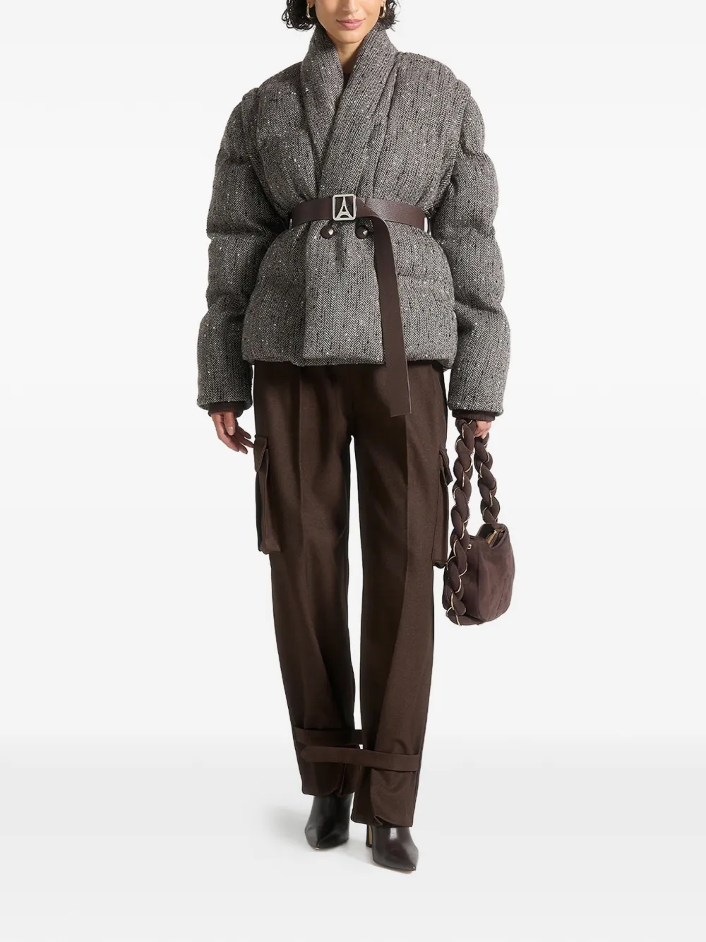 Manière De Voir Inez Herringbone Belted Puffer Jacket In Gray