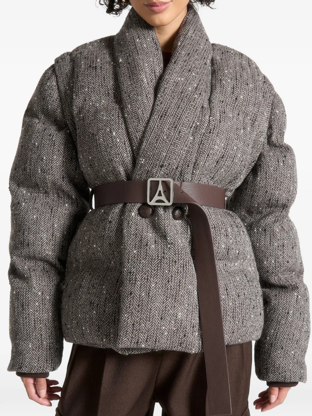 Manière De Voir Inez Herringbone Belted Puffer Jacket In Gray
