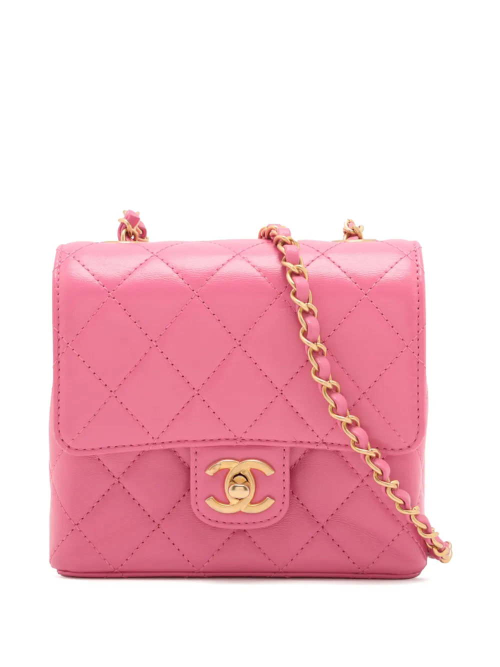 Pre-owned Chanel 2021-2025 Mini Square Classic Lambskin Single Flap Crossbody Bag In Pink