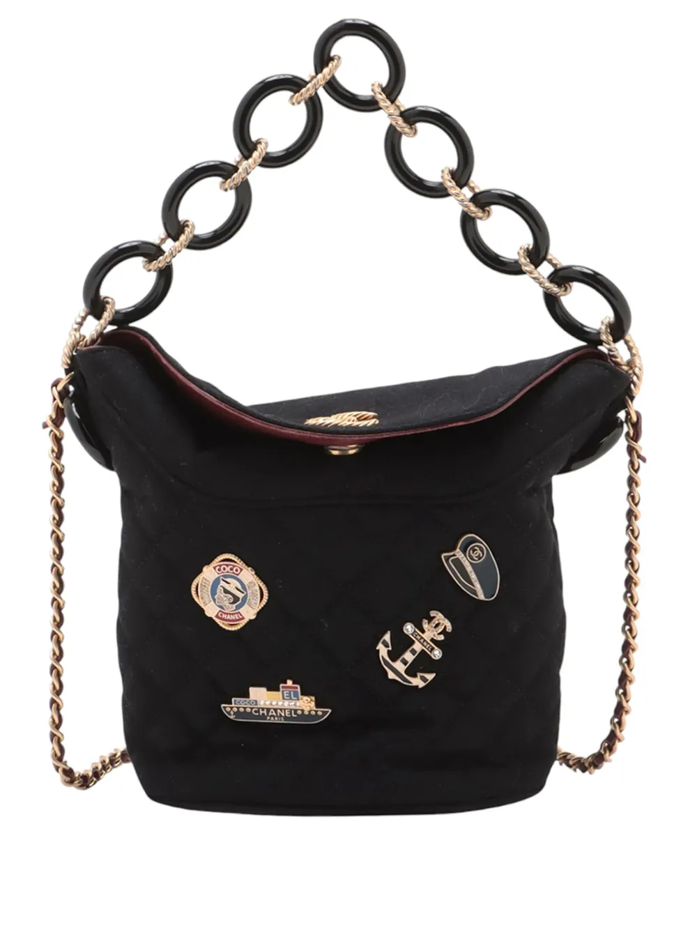 Pre-owned Chanel 2018 Paris Hamburg Quilted Wool Coco Sailor Charms Bucket Bag In Black