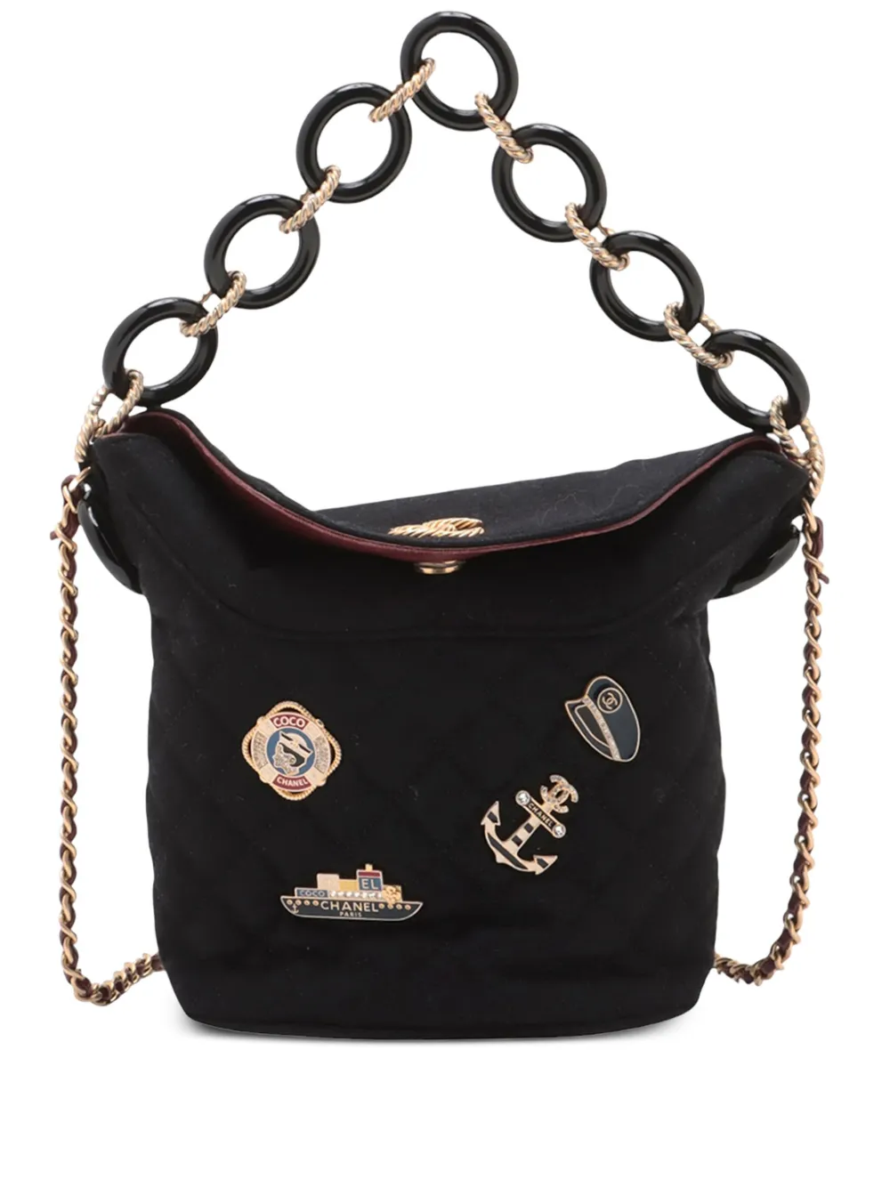 CHANEL Pre-Owned 2018 パリ ハンブルク マトラッセ ウール セーラーチャーム バケットバッグ - ブラック CHANEL Pre-Owned 2018 パリ ハンブルク マトラッセ ウール セーラーチャーム バケットバッグ - ブラック