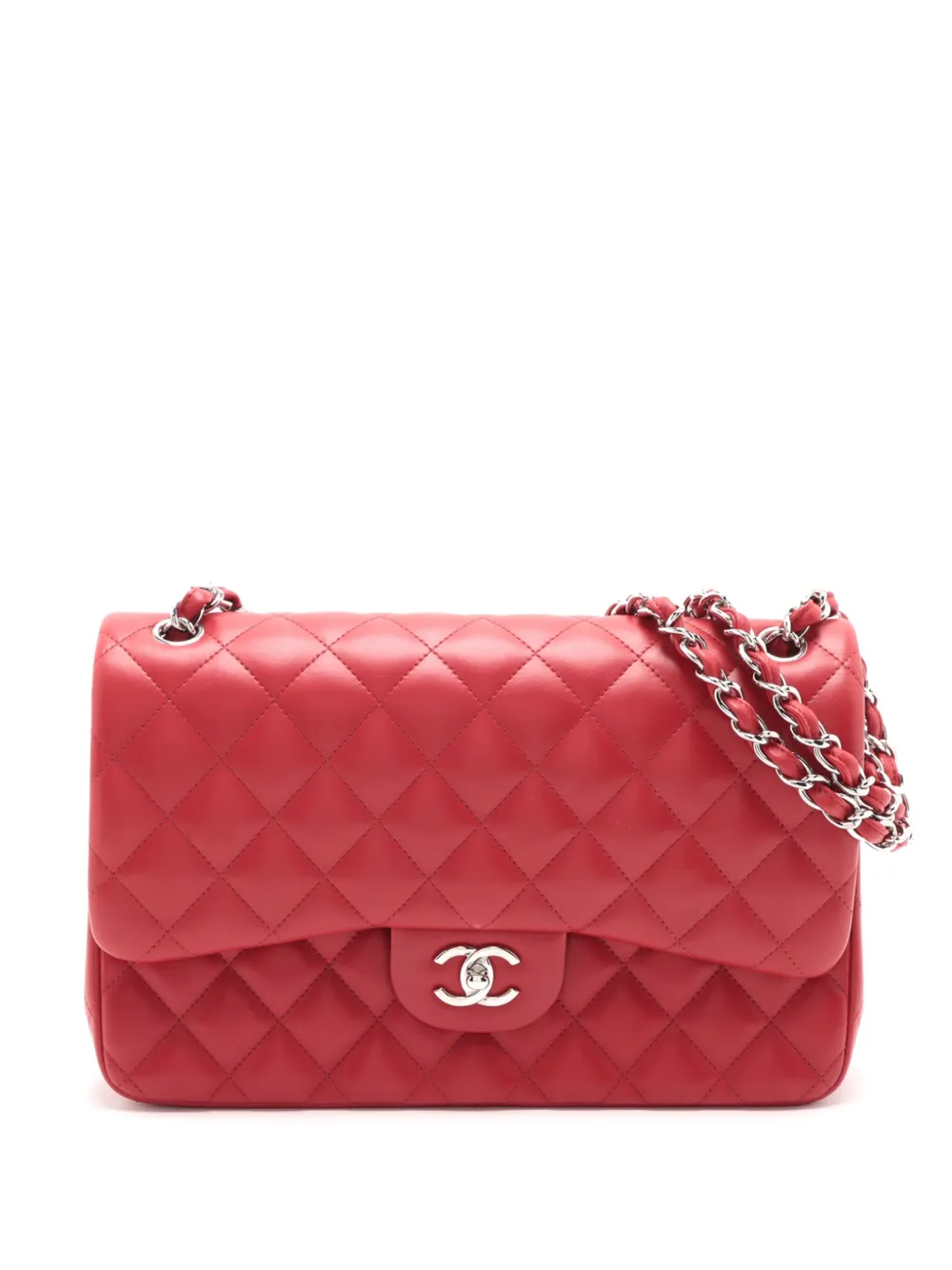Pre-owned Chanel 2012-2013 Jumbo Classic Lambskin Double Flap Shoulder Bag In Red