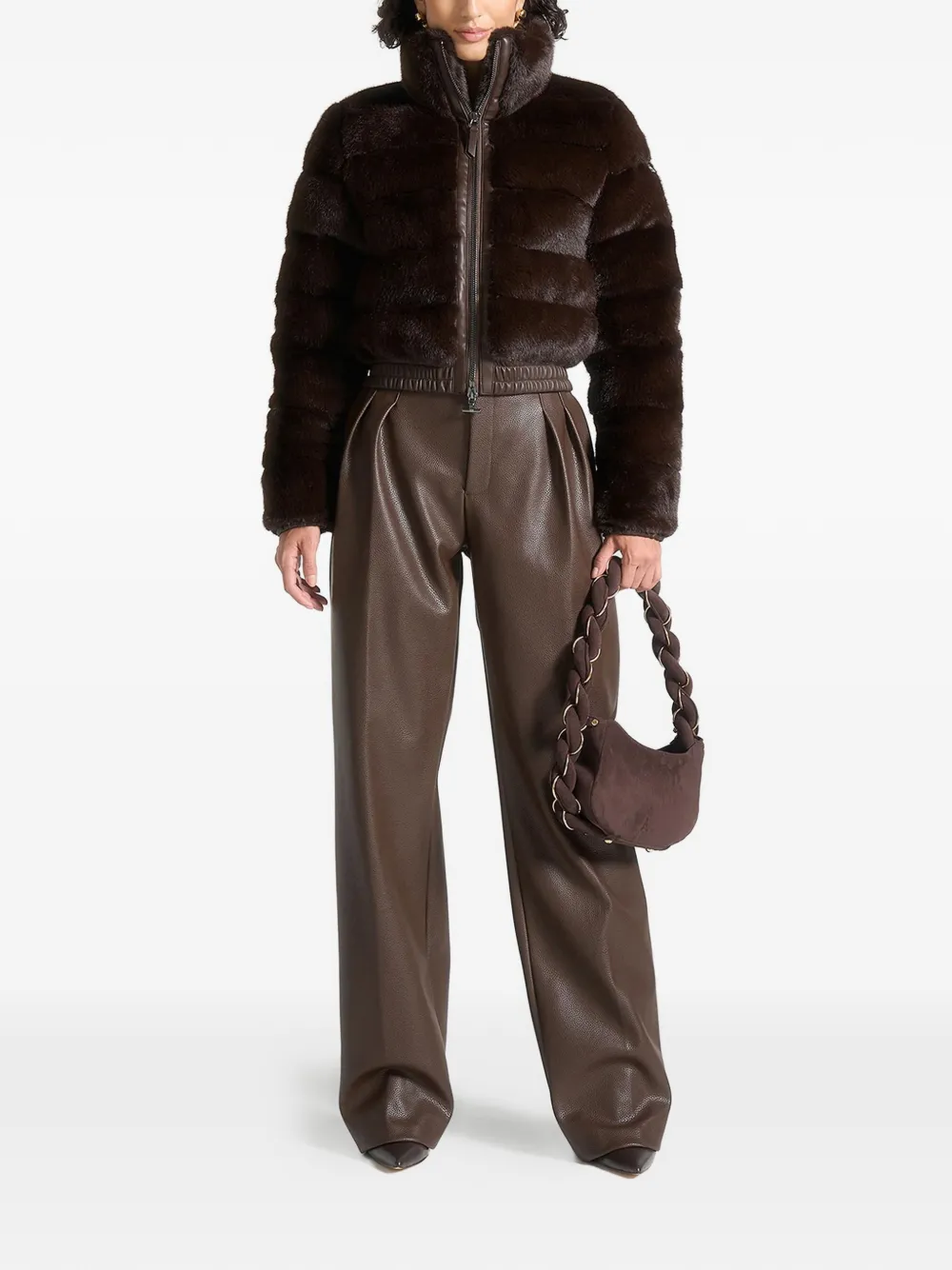 Manière De Voir Ama Ribbed Detachable-scarf Faux-fur Jacket In Brown