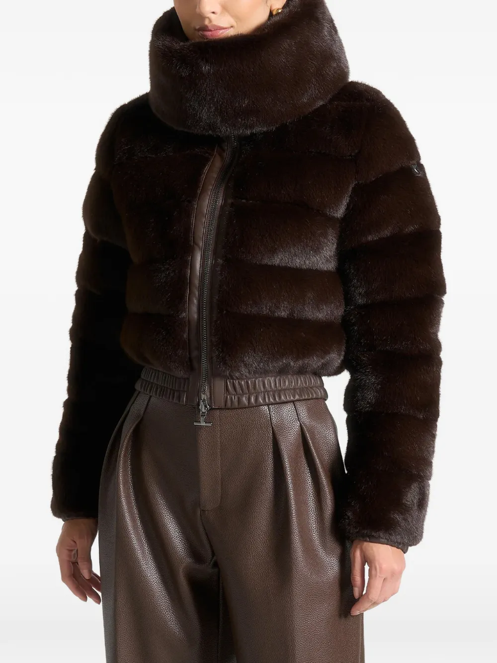 Manière De Voir Ama Ribbed Detachable-scarf Faux-fur Jacket In Brown
