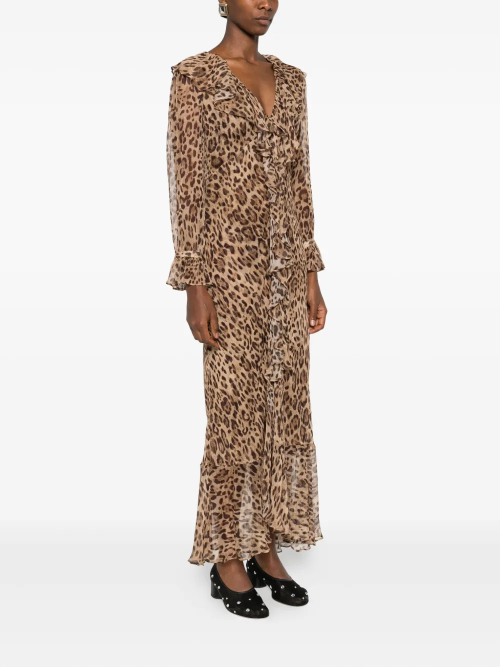 Rixo Grayce midi-jurk met ruches en luipaardprint Bruin