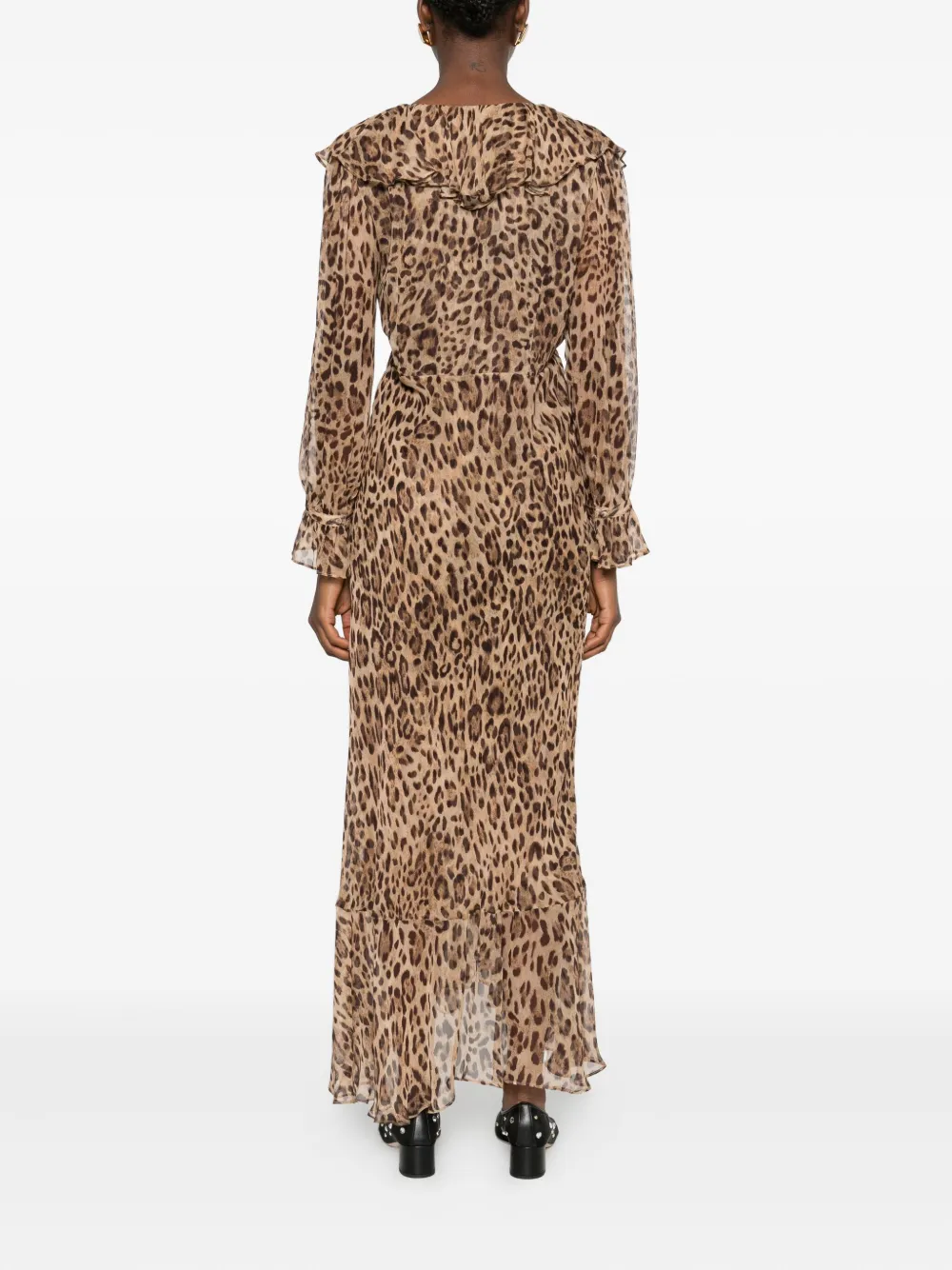 Rixo Grayce midi-jurk met ruches en luipaardprint Bruin