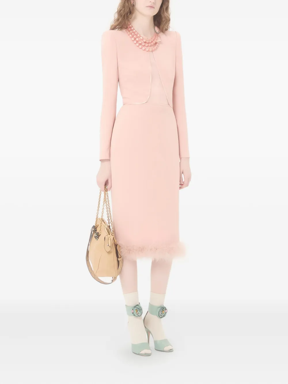 Valentino Midi Boa Shoulder Pads Dress In Pink