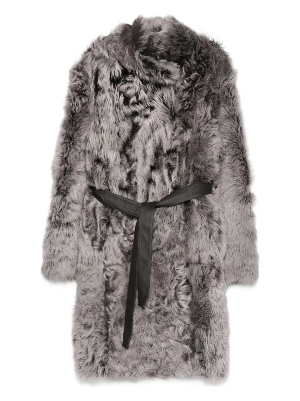 Yves Salomon Belted Shearling Coat In Gray