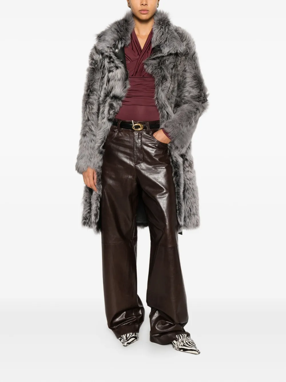 Yves Salomon Belted Shearling Coat In Gray