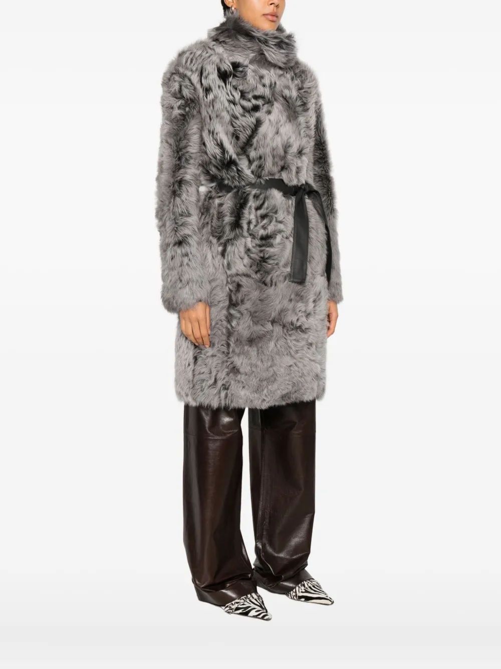 Yves Salomon Belted Shearling Coat In Gray