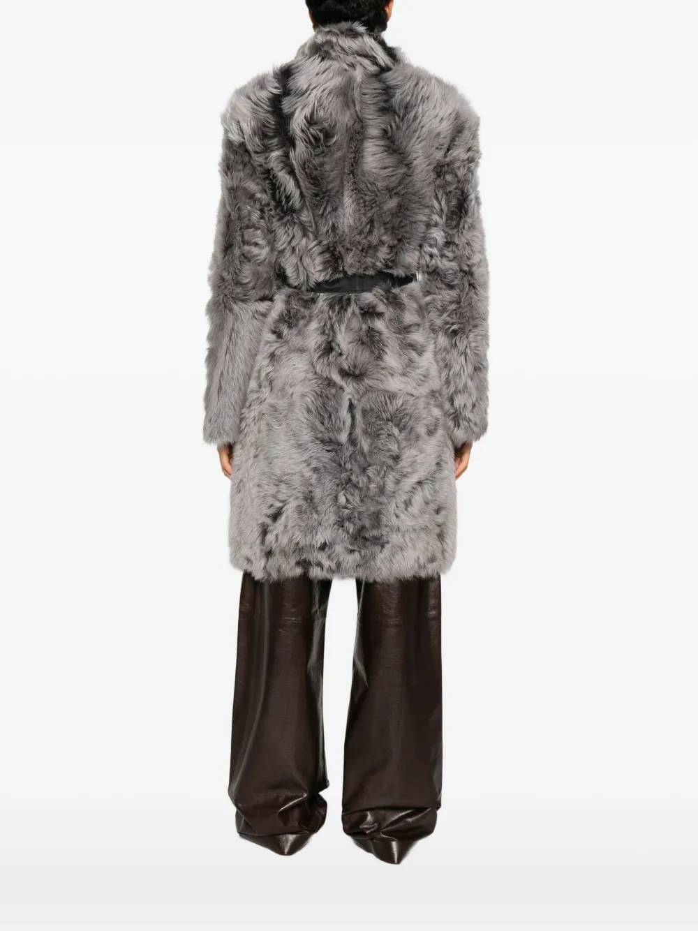 Yves Salomon Belted Shearling Coat In Gray