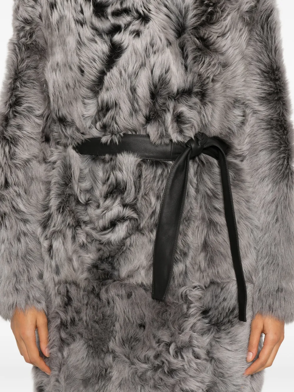 Yves Salomon Belted Shearling Coat In Gray