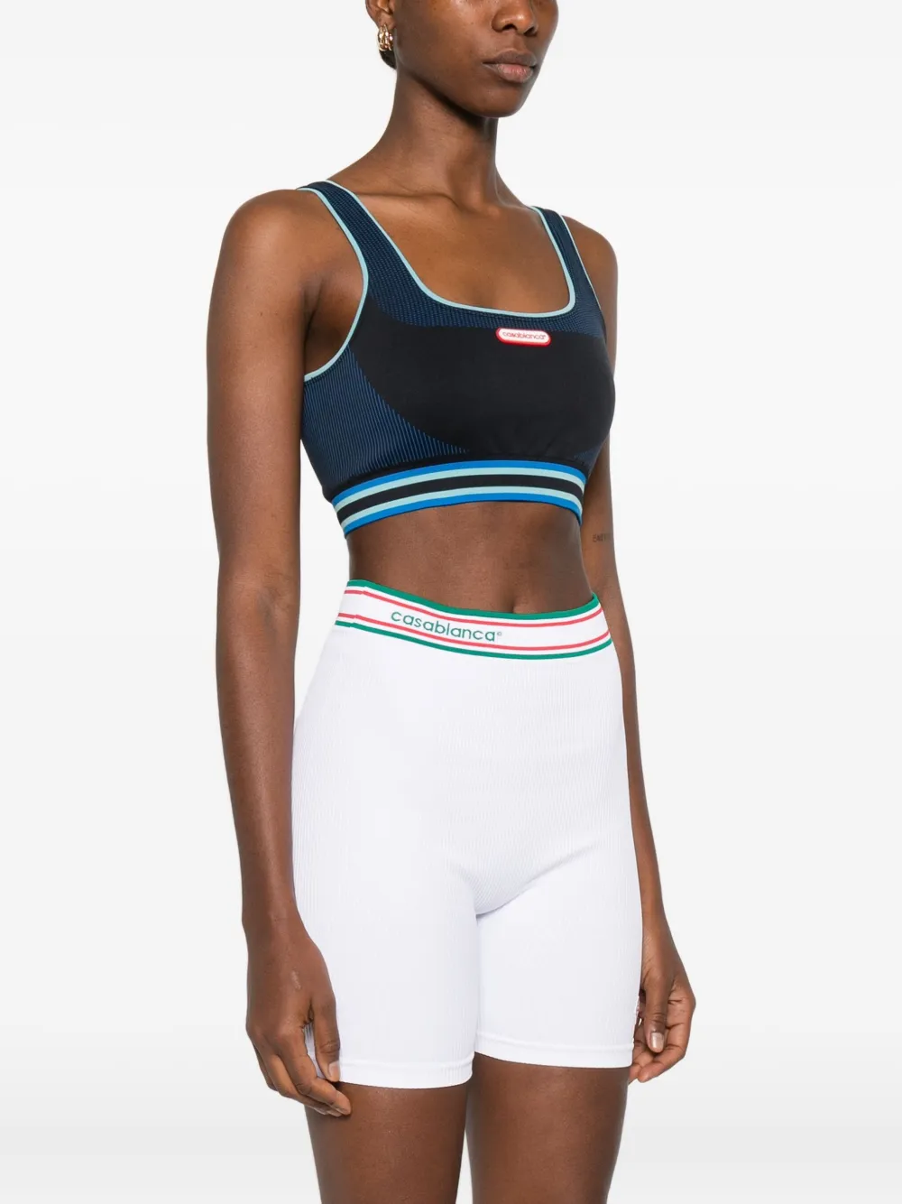 striped-detail logo-patch sports bra
