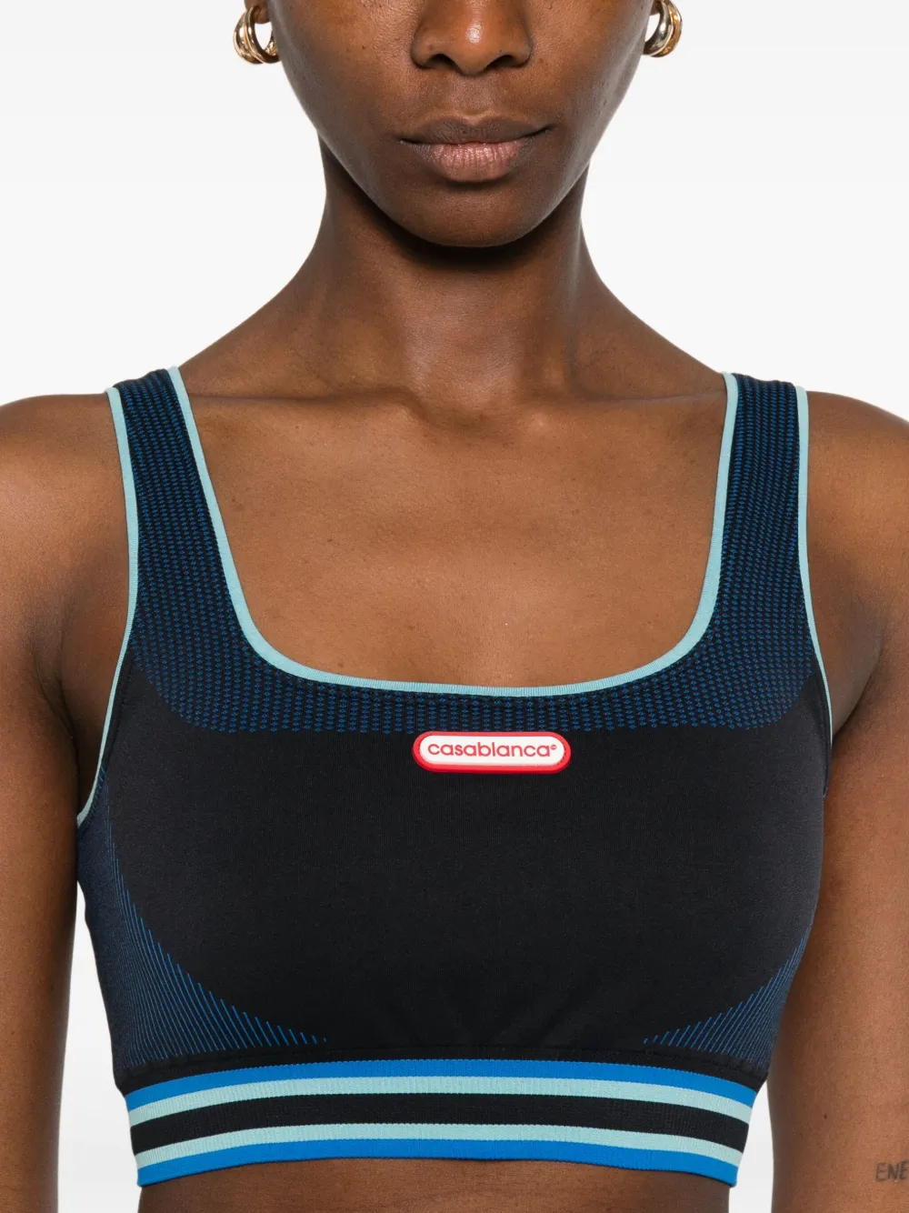 striped-detail logo-patch sports bra