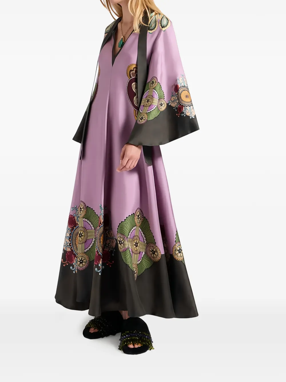 La Doublej Tie-neck Silk Printed Dress In Purple