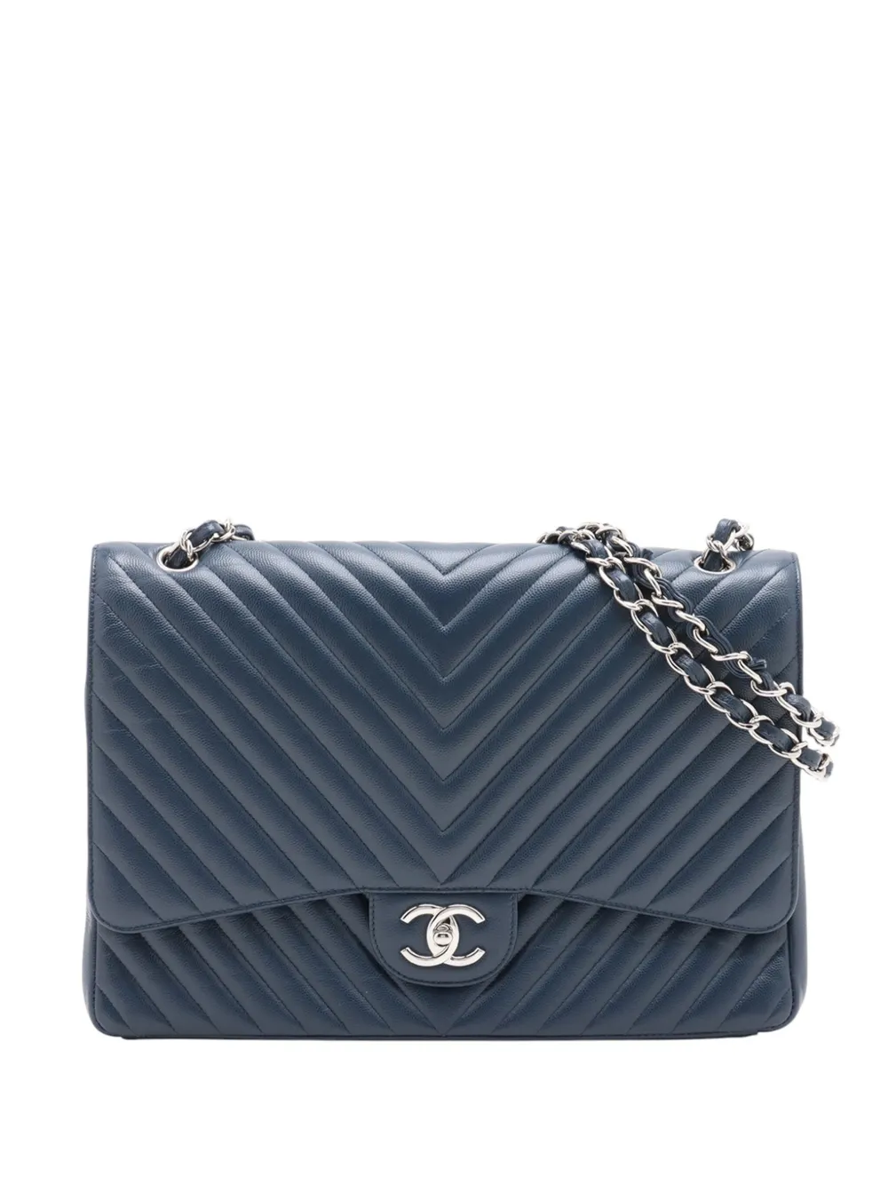 Pre-owned Chanel 2016-2017 Maxi Classic Chevron Caviar Double Flap Shoulder Bag In Blue