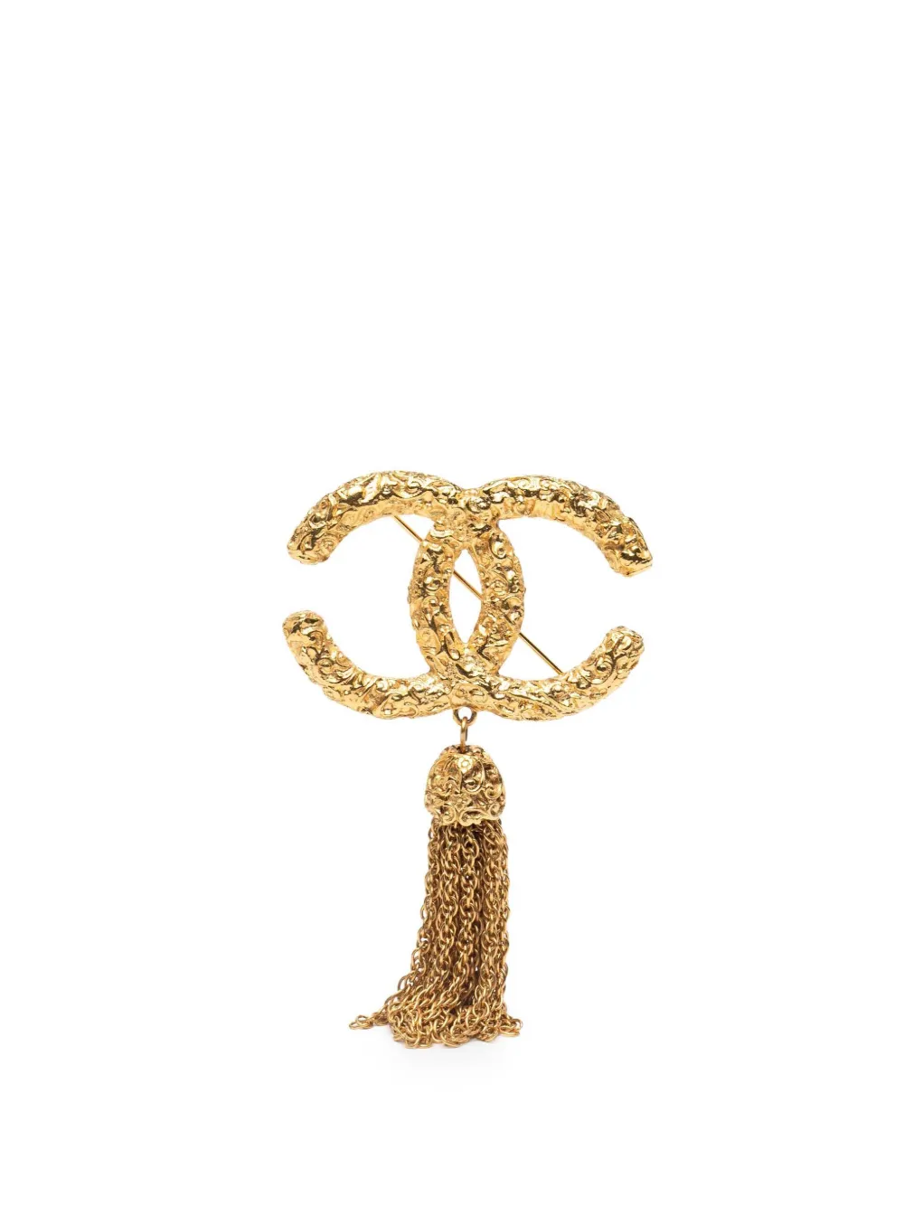Pre-owned Chanel 1994 Gold Plated Cc Logo Tassel Lava Fringe Brooch Costume Brooch