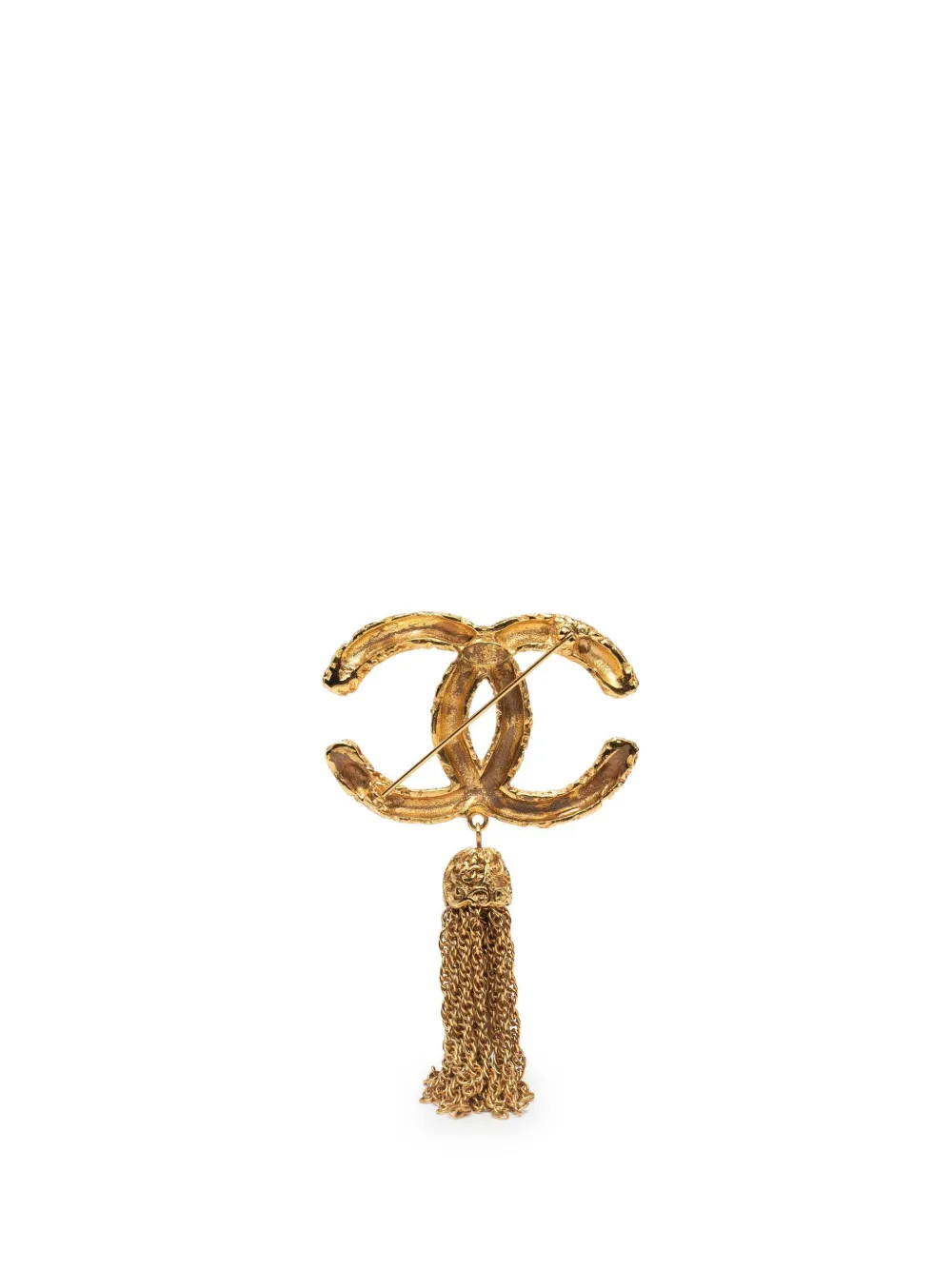 Pre-owned Chanel 1994 Gold Plated Cc Logo Tassel Lava Fringe Brooch Costume Brooch