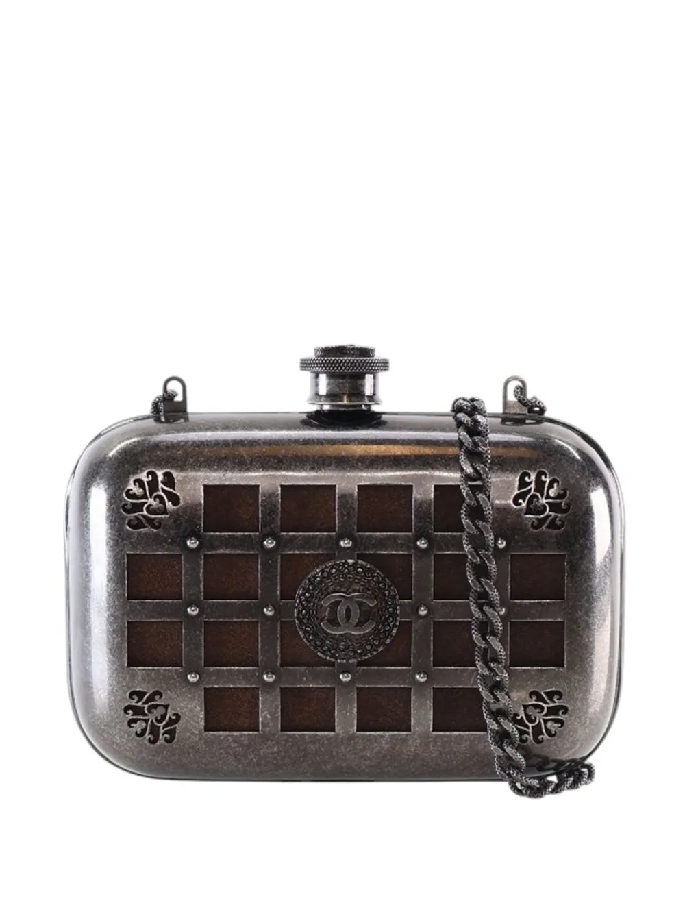 Pre-owned Chanel 2012-2013 Paris Edinburgh Mini Gunmetal Grid Cage Clutch On Chain Crossbody Bag In Gray