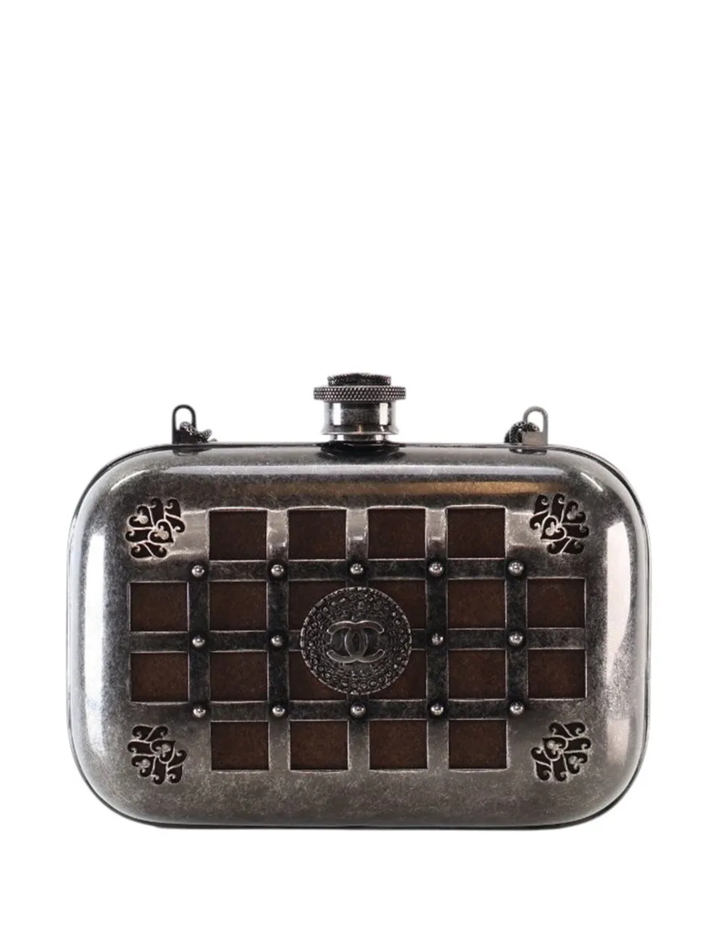Pre-owned Chanel 2012-2013 Paris Edinburgh Mini Gunmetal Grid Cage Clutch On Chain Crossbody Bag In Gray