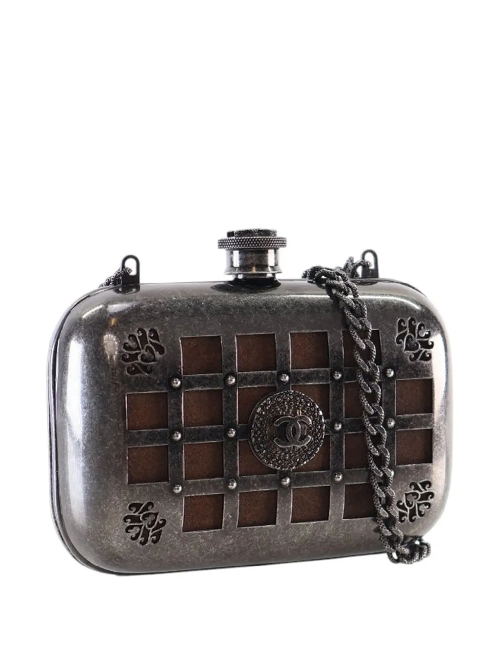 Pre-owned Chanel 2012-2013 Paris Edinburgh Mini Gunmetal Grid Cage Clutch On Chain Crossbody Bag In Gray