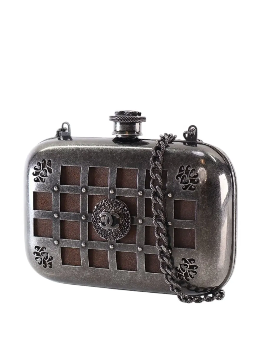 Pre-owned Chanel 2012-2013 Paris Edinburgh Mini Gunmetal Grid Cage Clutch On Chain Crossbody Bag In Gray