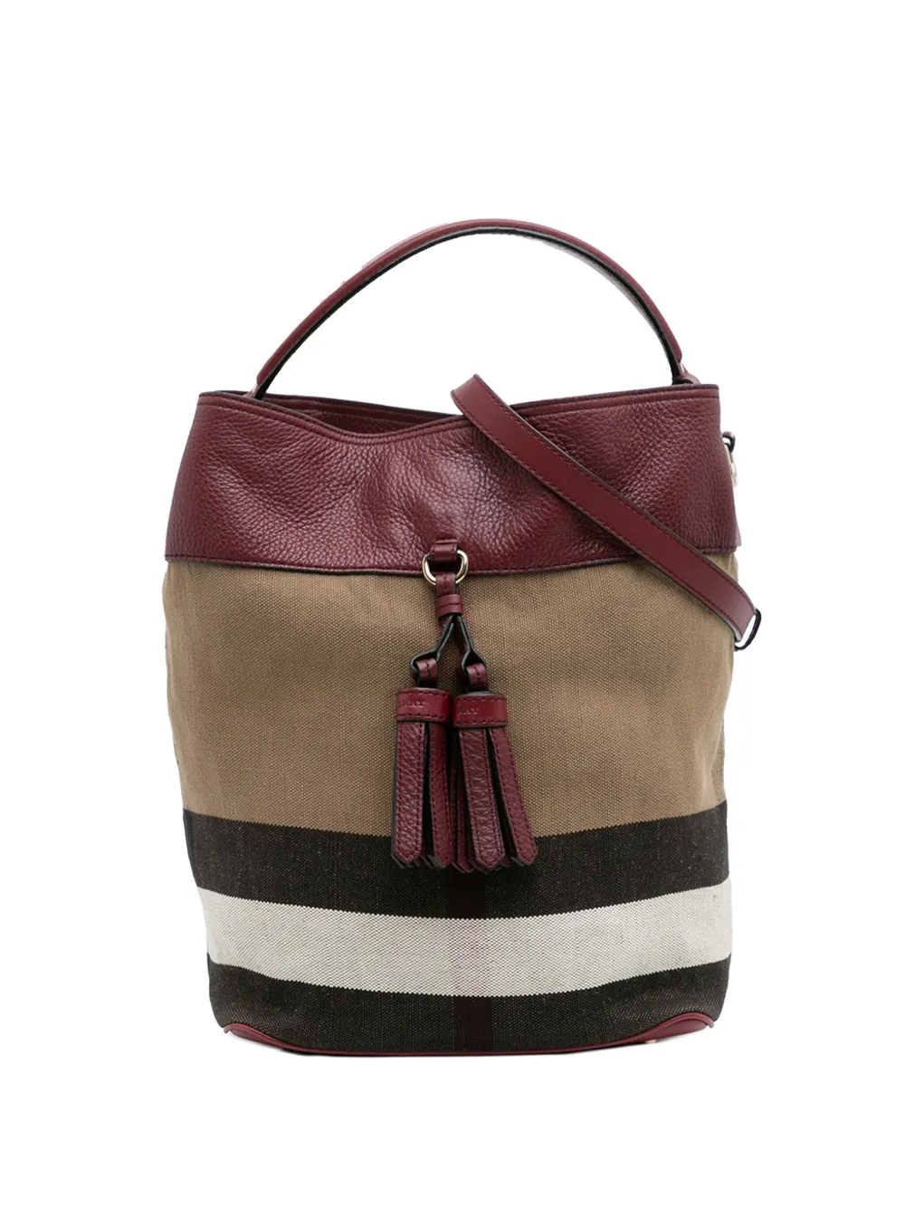 Pre-owned Burberry 2000-2017 Medium Mega Check Canvas And Grained Calfskin Ashby Tassel Bucket Bag Satchel In Brown
