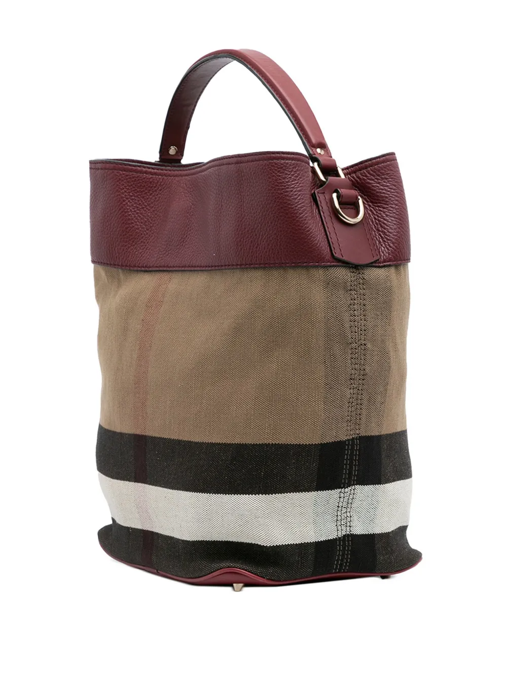 Pre-owned Burberry 2000-2017 Medium Mega Check Canvas And Grained Calfskin Ashby Tassel Bucket Bag Satchel In Brown