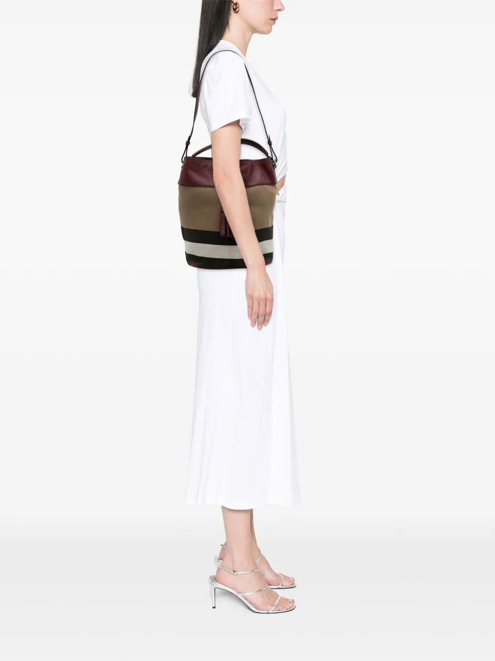 Pre-owned Burberry 2000-2017 Medium Mega Check Canvas And Grained Calfskin Ashby Tassel Bucket Bag Satchel In Brown
