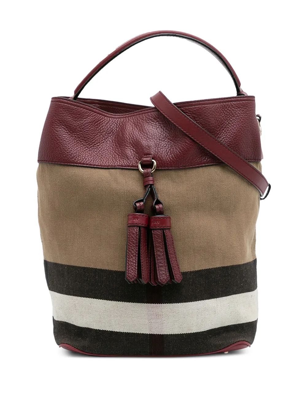 Burberry Pre-Owned 2000-2017 Medium Mega Check Canvas and Grained Calfskin Ashby Tassel Bucket Bag satchel - Marrone